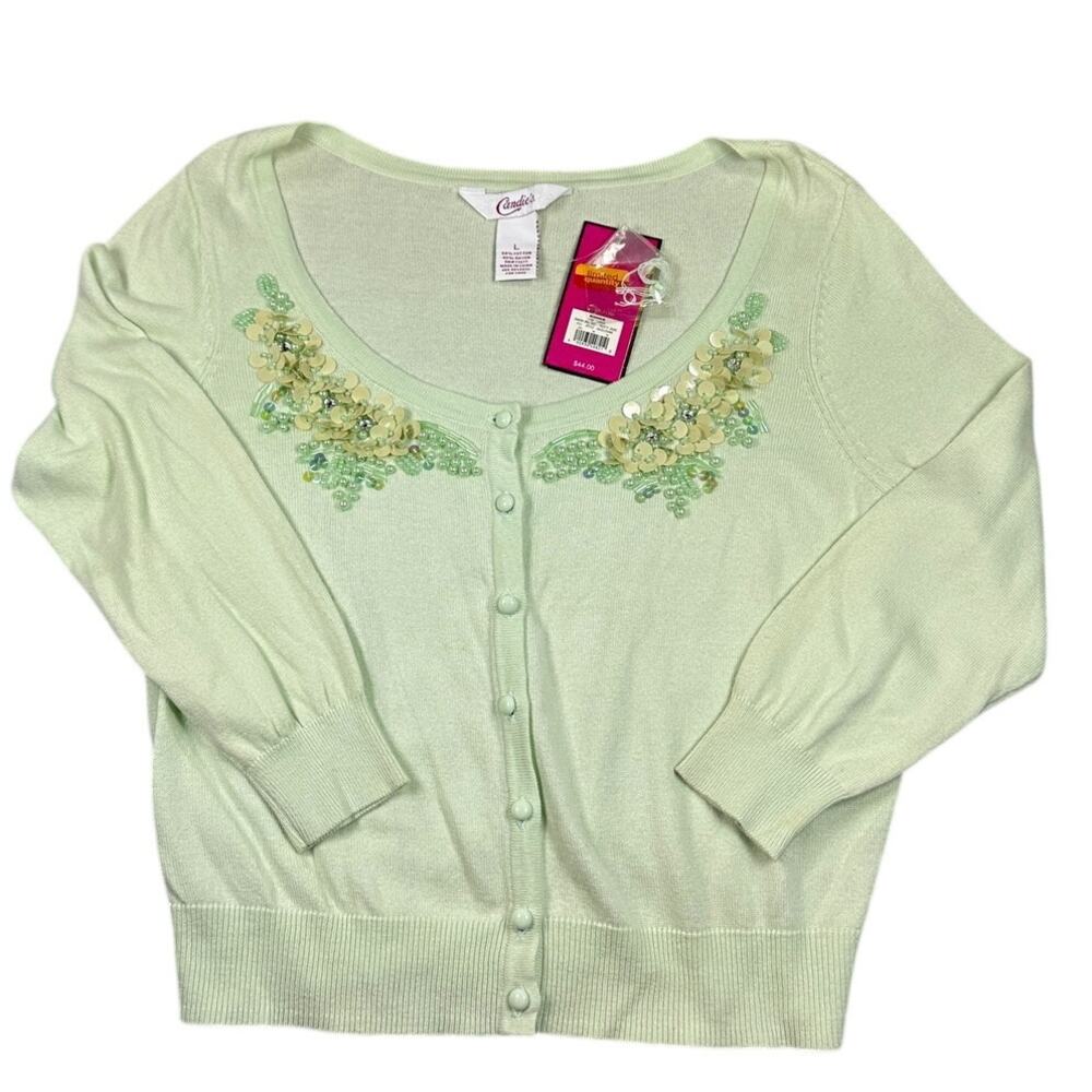 Candie's Cardigan Sweater Beaded Sequined Cotton Blend Large Y2K